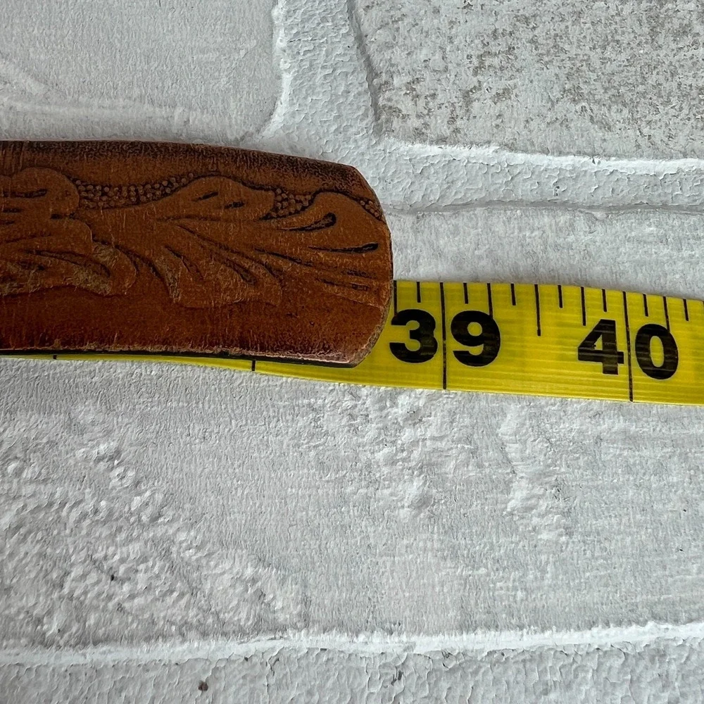 Vtg USA Western Belt 34 Brown Leather Floral Hand Stained Silver Buckle Saddle